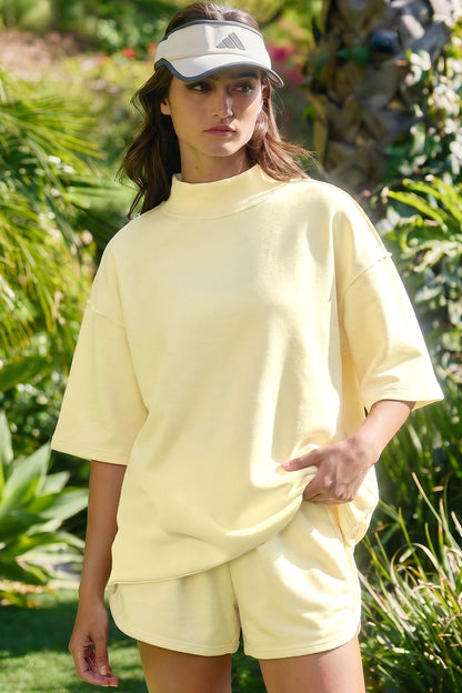 Moonlight Jade Solid Color Exposed Seam Mock Neck Oversize Tee Casual Shorts 2pcs Outfit - Snoopy's Closet