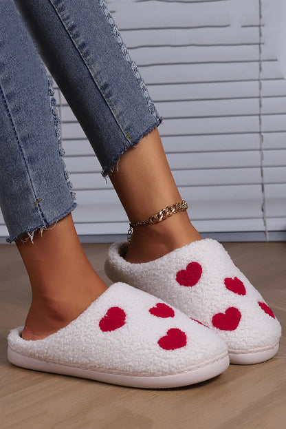 White Valentines Day Hearts Print Plush House Slippers - Snoopy's Closet