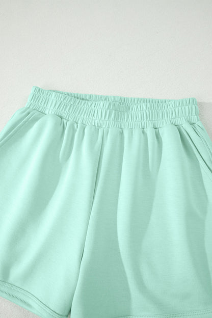 Moonlight Jade Solid Color Exposed Seam Mock Neck Oversize Tee Casual Shorts 2pcs Outfit - Snoopy's Closet