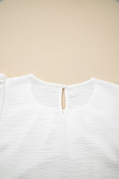 White Flounce Sleeve Pleated Textured Blouse - Snoopy's Closet