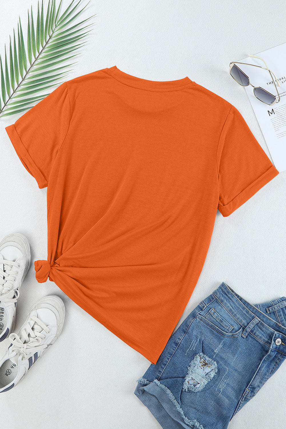 Orange Casual Plain Crew Neck Tee - Snoopy's Closet