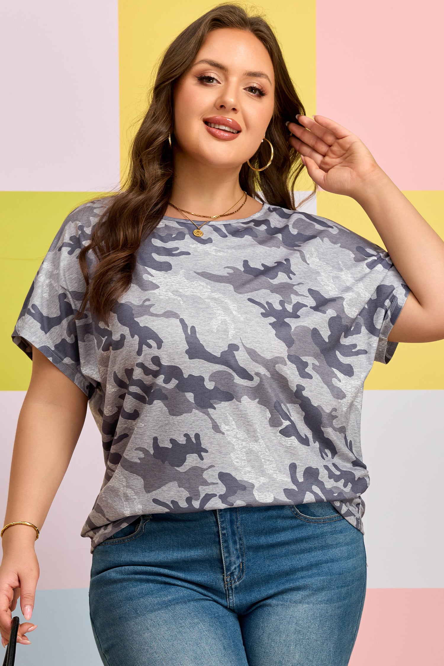 Gray Plus Size Camo Print Casual T Shirt - Snoopy's Closet