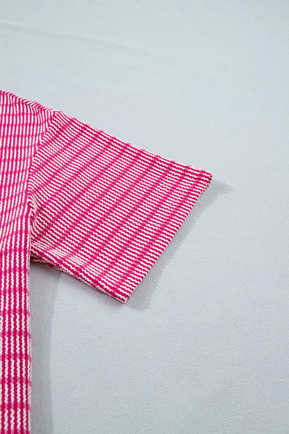Rose Stripe Raised Rib Loose Tee Drawstring Elastic Waist 2pcs Short Set