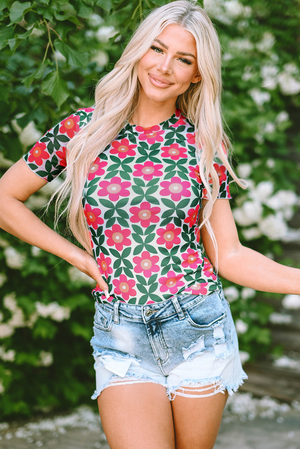 Fiery Red Retro Floral Print Crew Neck T Shirt - Snoopy's Closet