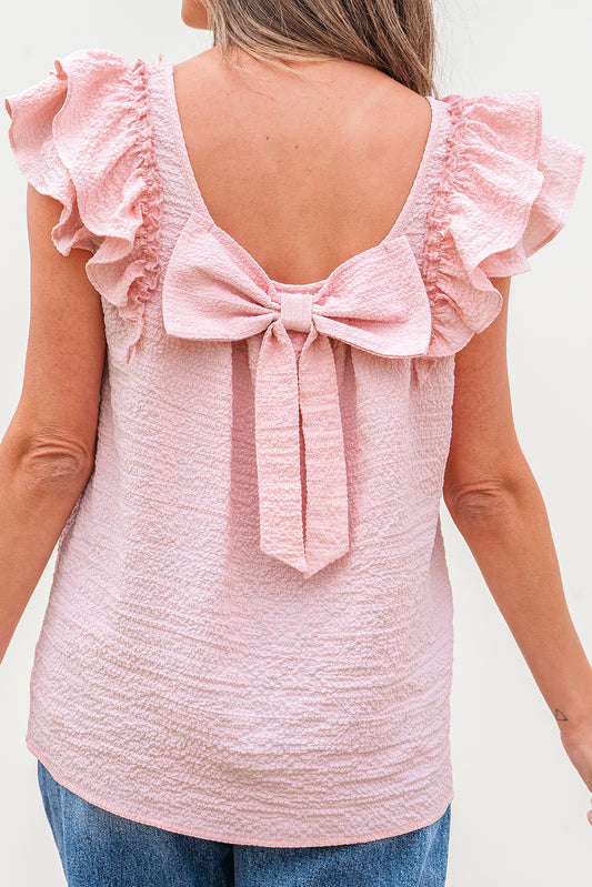 Gossamer Pink Textured Bow Knot Frilled Butterfly Sleeve Blouse - Snoopy's Closet