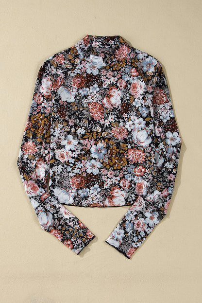 Brown Floral Long Sleeve High Neck Sheath Mesh Blouse - Snoopy's Closet