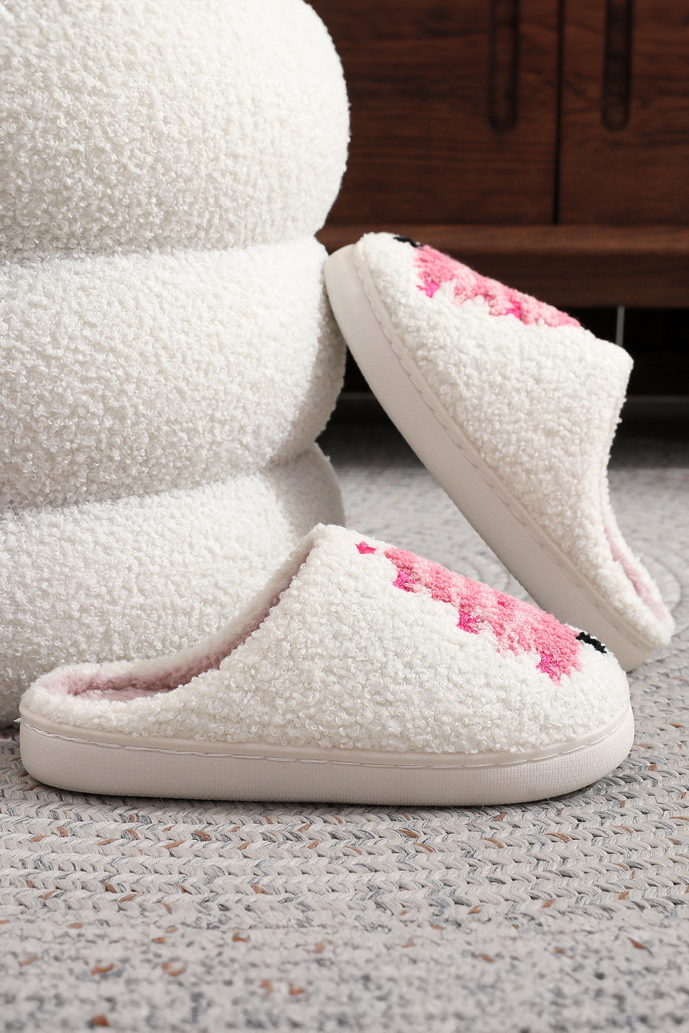White Plush Christmas Tree Color Contrasted Liner House Slippers - Snoopy's Closet