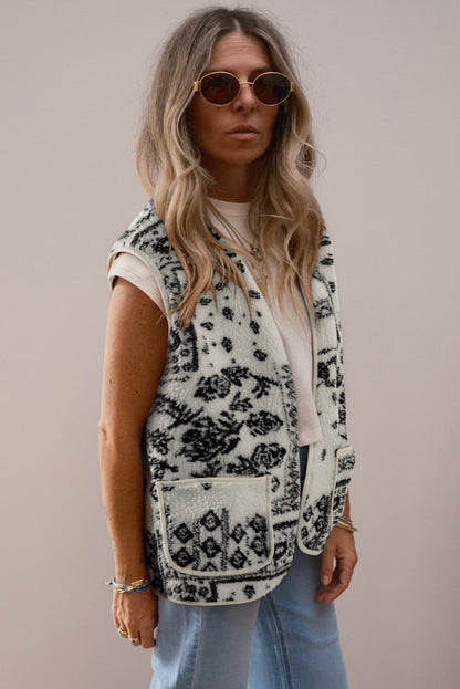 Beige Sherpa Paisley Print Pocketed Western Fashion Vest Jacket