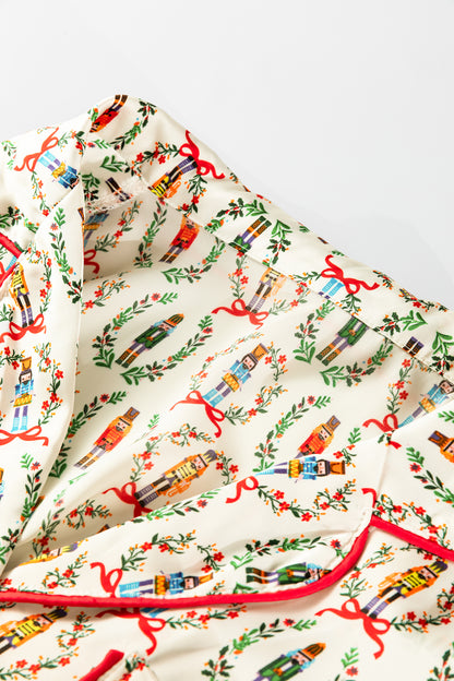 Beige Nutcracker Print Contrast Trim Tied up Bow Silky 2pcs Pajama Set - Snoopy's Closet