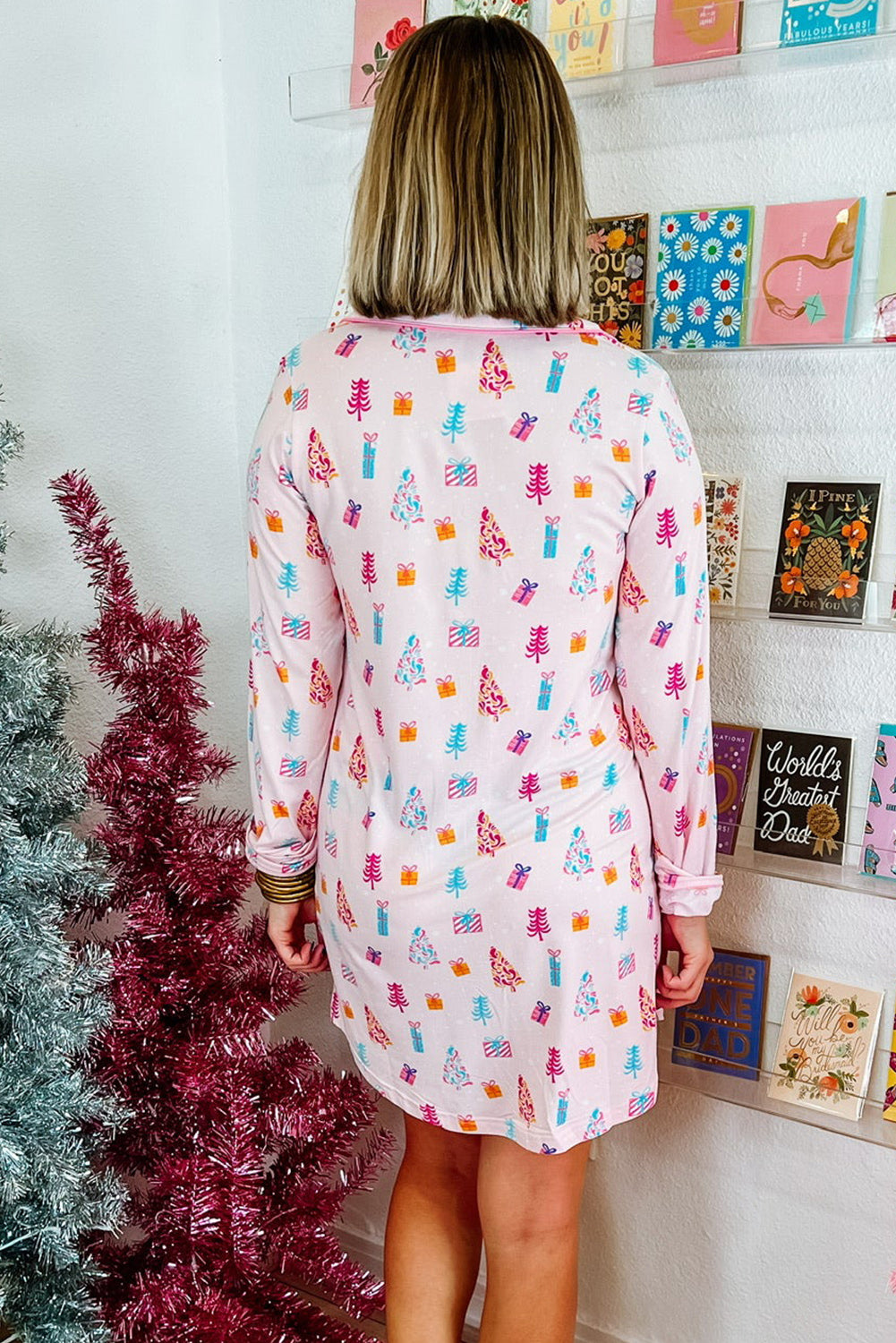 Pink Christmas Twinkle Tree Print Shirt Sleep Dress - Snoopy's Closet