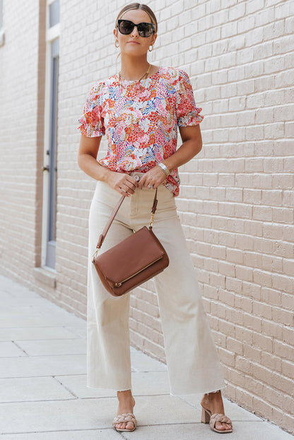 Multicolor Mix Floral Pattern Bubble Sleeve Blouse - Snoopy's Closet