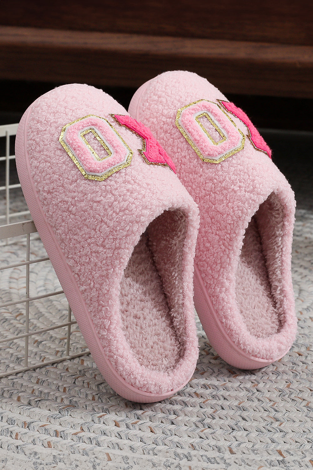 Pink XO XO Glitter Trim Letter Patched Plush House Slippers - Snoopy's Closet