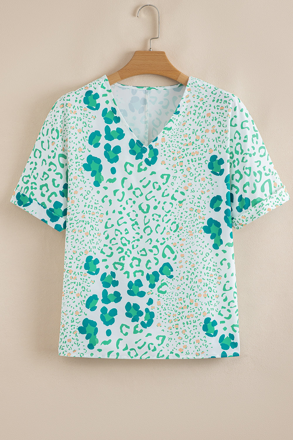 Green Mixed Leopard Print V Neck Short Sleeve Blouse - Snoopy's Closet