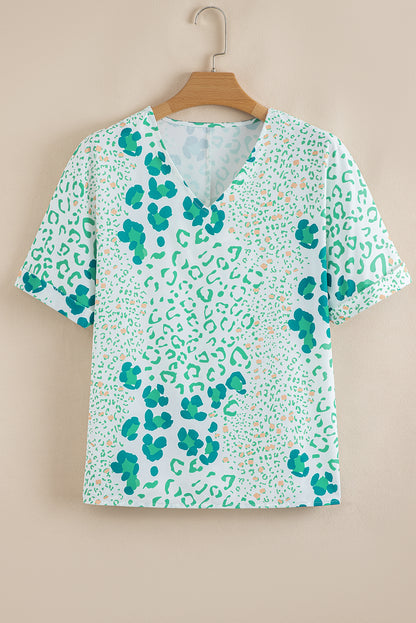 Green Mixed Leopard Print V Neck Short Sleeve Blouse - Snoopy's Closet
