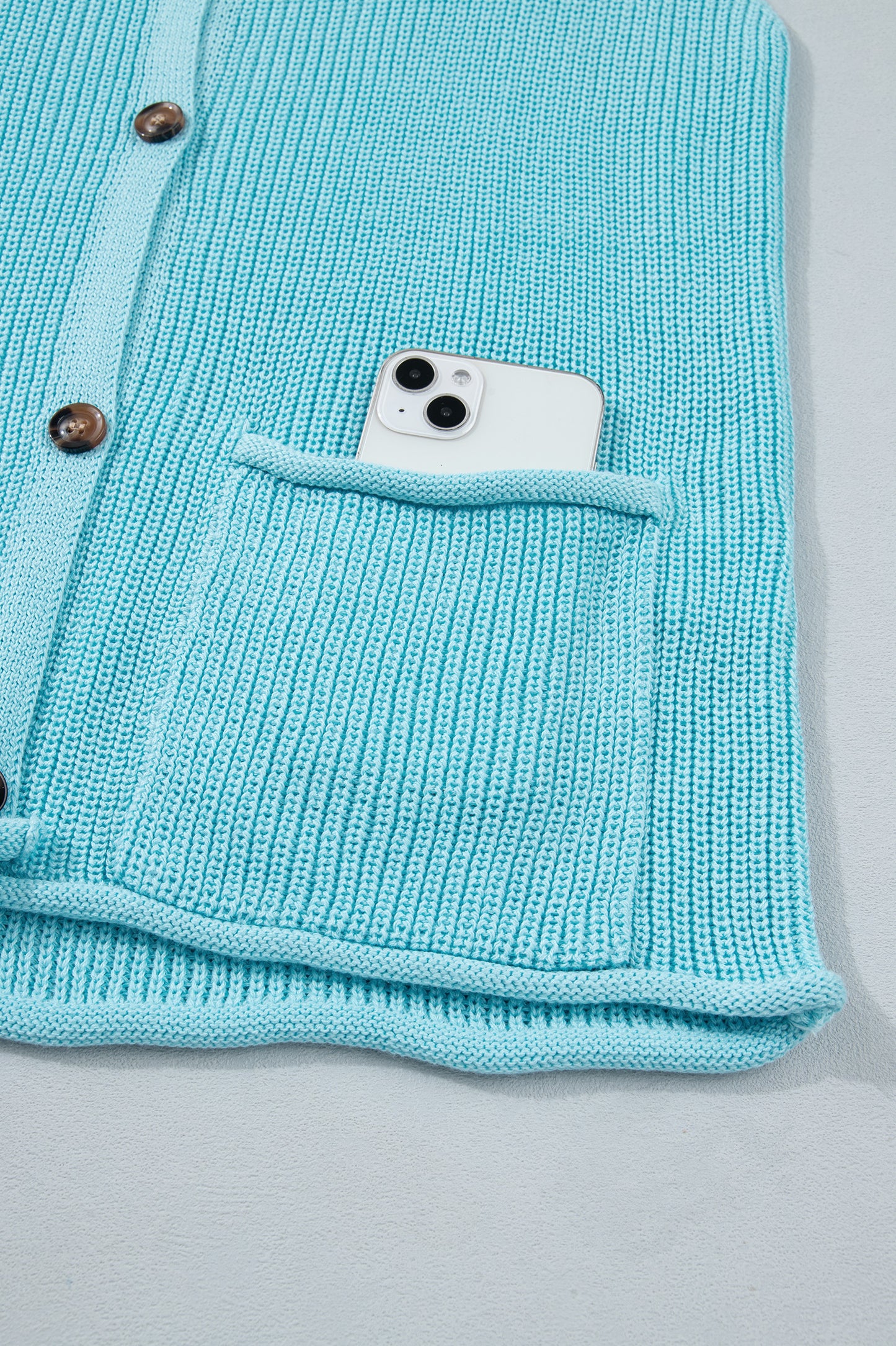 Mist Blue Solid Color Knit V Neck Button Front Sweater Vest