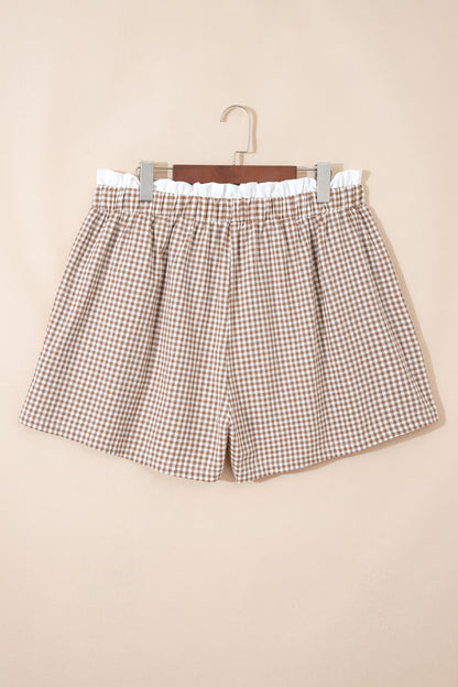 Khaki Contrast Trim Plaid Print Plus Size Shorts