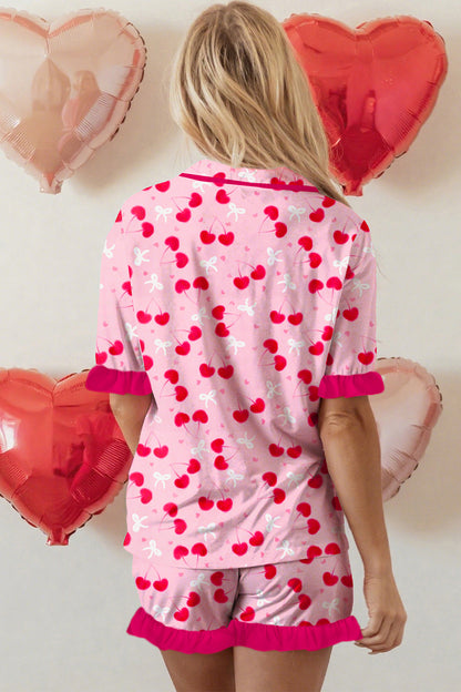 Conjunto corto de pijama con estampado mixto de cerezas y lazo con borde festoneado