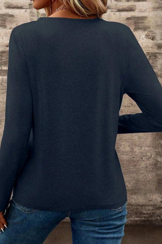 Dirty blue Notch V Neck Pocket Patched Long Sleeve T Shirt - Snoopy's Closet