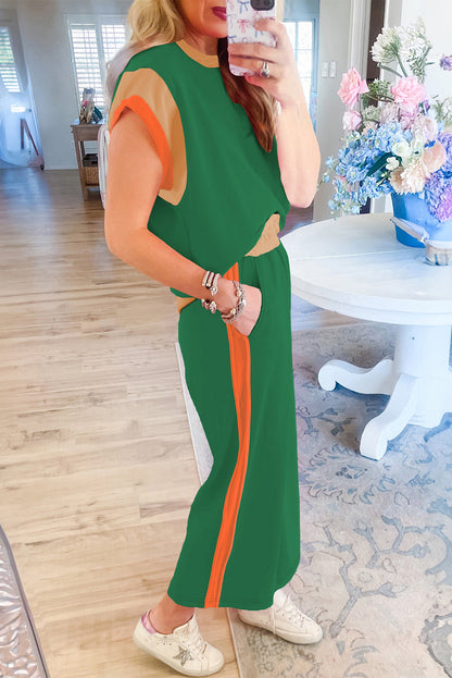 Dark Green Color Block Detail Casual Two-piece Set - Snoopy's Closet