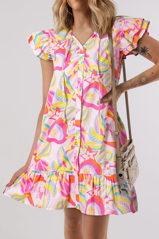 Vestido abotonado rosa con estampado floral abstracto, volantes y mangas con volantes