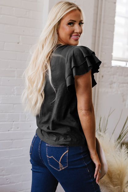 Dark Grey Layered Ruffle Short Sleeve Round Neck Top - Snoopy's Closet