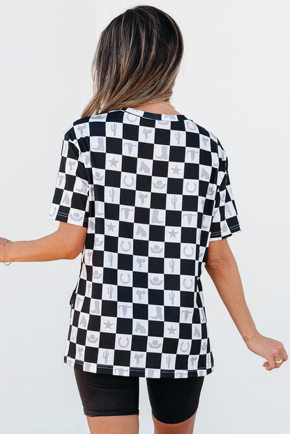 Black Western Fashion Checkerboard Print Side Split T Shirt - Snoopy's Closet