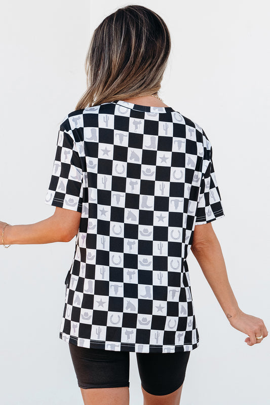 Black Western Fashion Checkerboard Print Side Split T Shirt - Snoopy's Closet