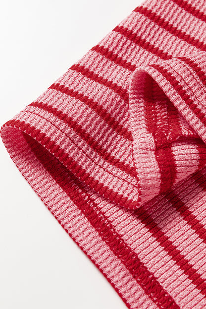 Pink Stripe Textured Round Neck Drop Shoulder Long Sleeve T Shirt - Snoopy's Closet