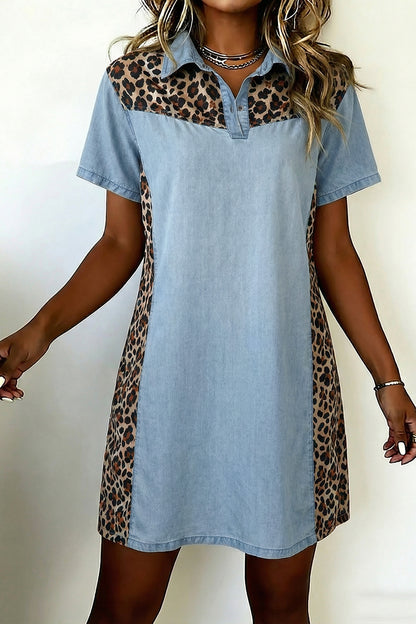 Minivestido con cuello de camisa Myosotis Denim con bloques de color y retales de leopardo