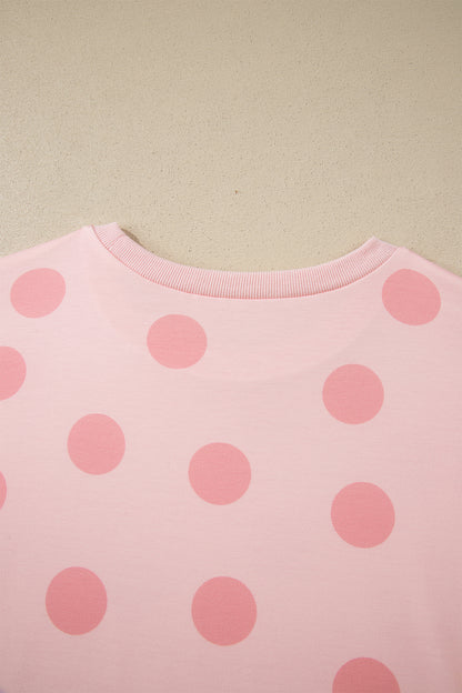 Pink Polka Dot Print Loose Tee Drawstring Elastic Waist Short Set - Snoopy's Closet