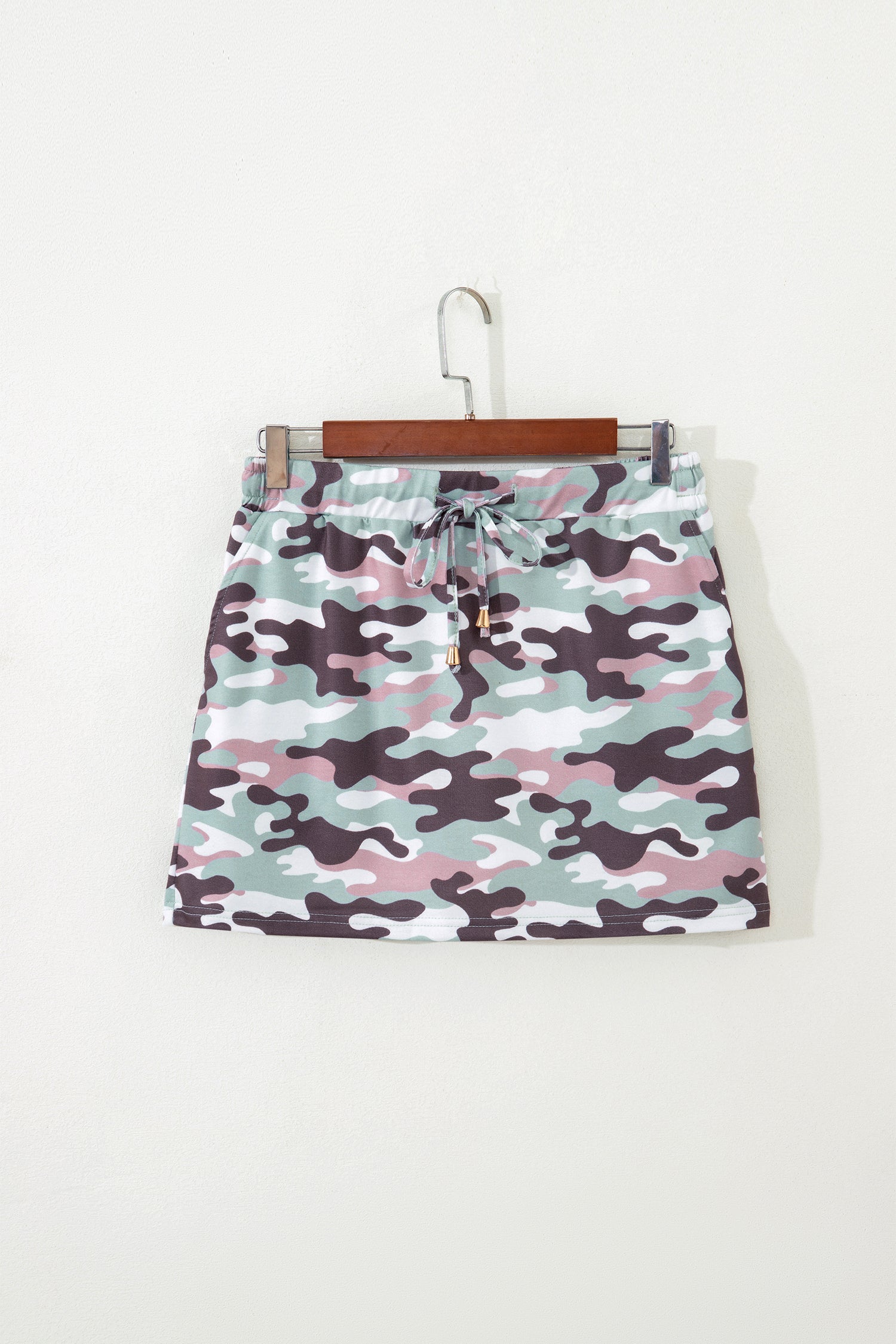Green Camouflage Print Drawstring Casual Mini Skort