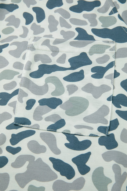 Gray Camouflage Print Single Chest Pocket V Neck Tee - Snoopy's Closet