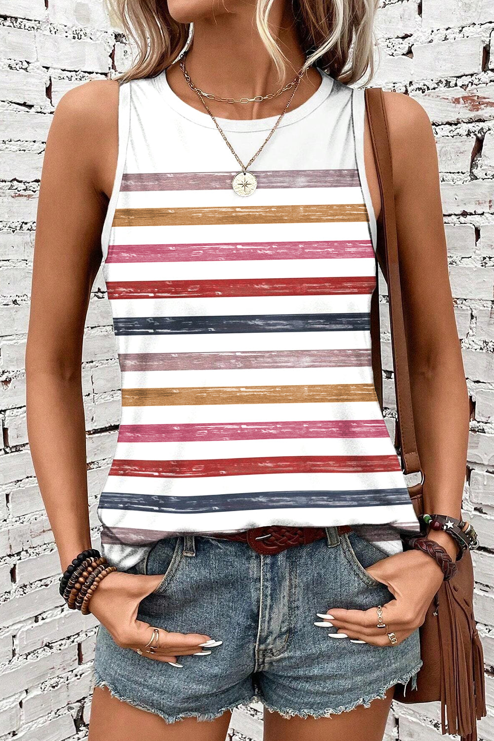 Red Stripe Rainbow Round Neck Tank Top - Snoopy's Closet