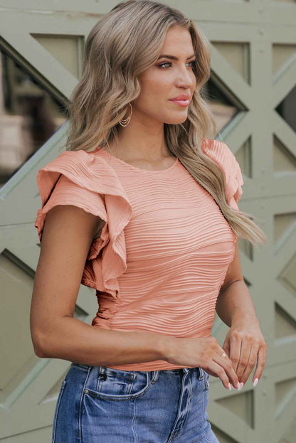 Real Teal Wavy Textured Ruffle Sleeve Top