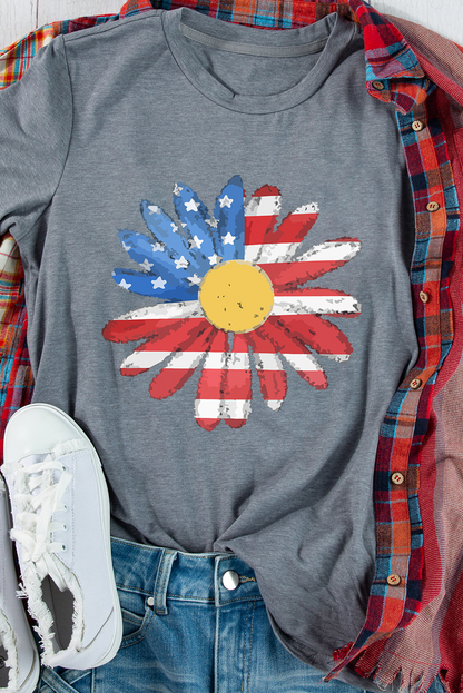 Camiseta con cuello redondo y estampado de girasol con diseño de bandera gris