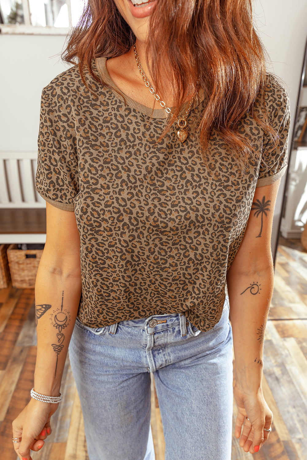 Khaki Fierce Leopard Crew Neck T Shirt - Snoopy's Closet
