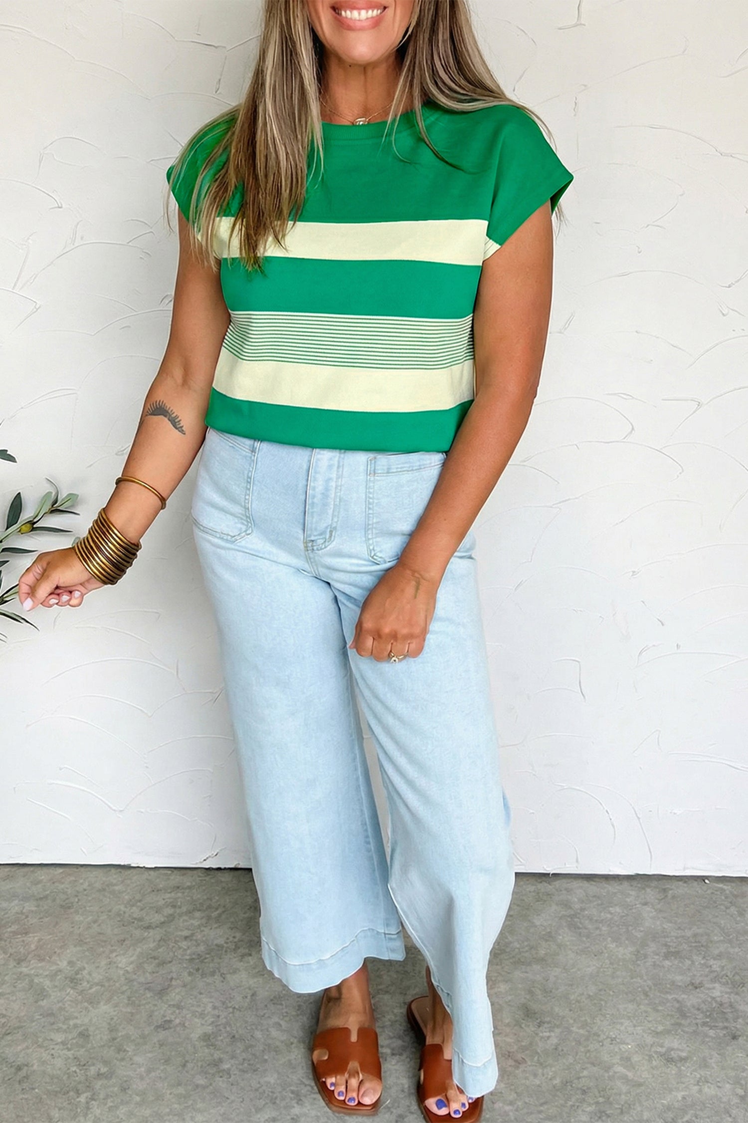 Green Stripe Mixed Print Crew Neck Cap Sleeve T Shirt - Snoopy's Closet
