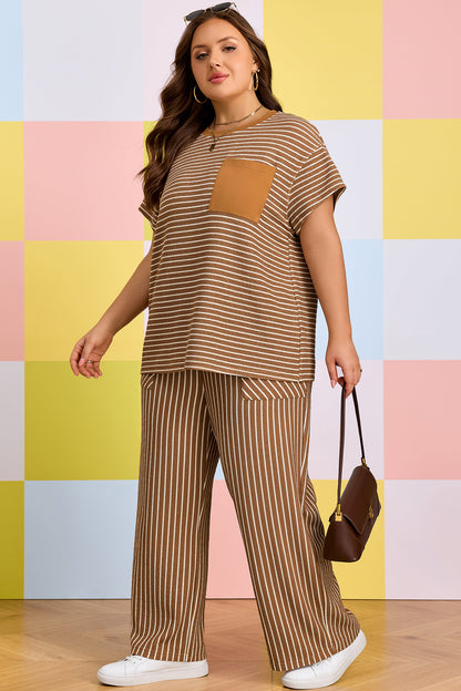 Conjunto de descanso de talla grande a rayas caqui con bloques de color y bolsillos