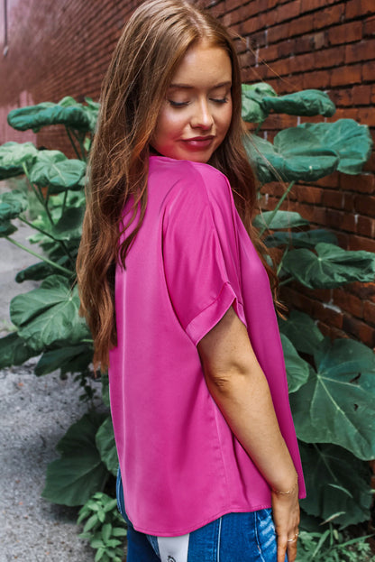 Bright Pink Silky V Neck Dolman Blouse - Snoopy's Closet