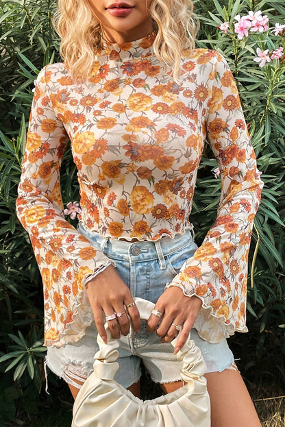 Orange Floral Printed Bell Sleeve Mock Neck Scallop Trim Blouse - Snoopy's Closet