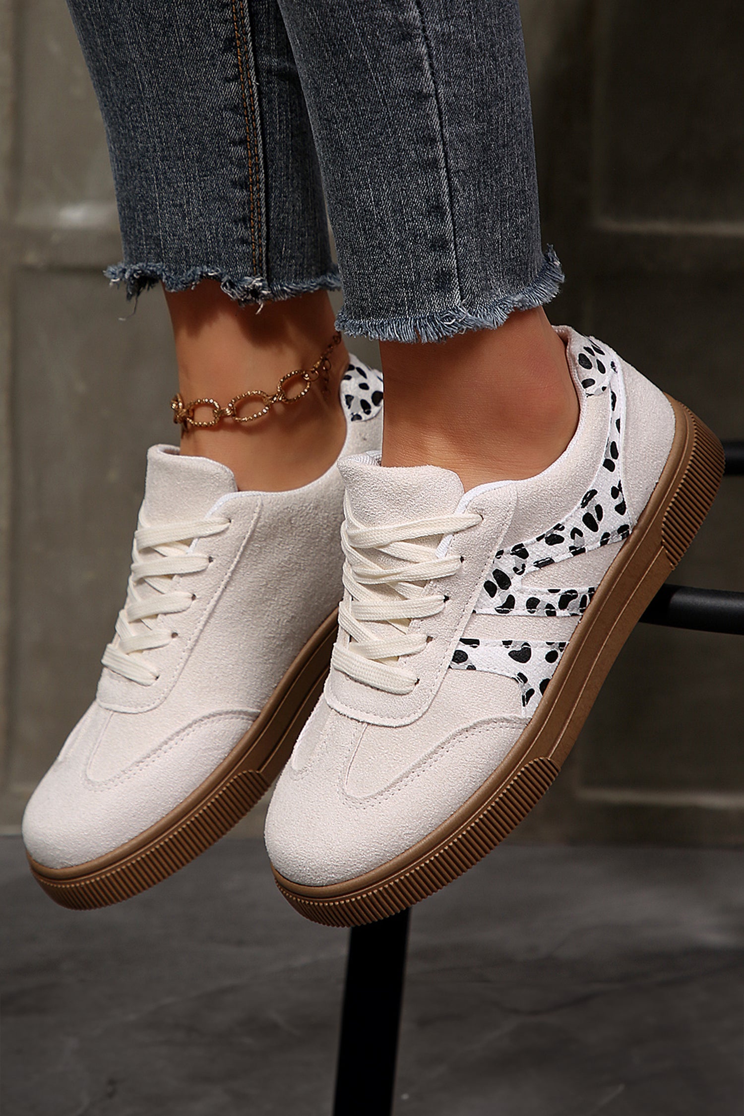 White Suede Leopard Color Block Trim Lace-up Casual Shoes - Snoopy's Closet