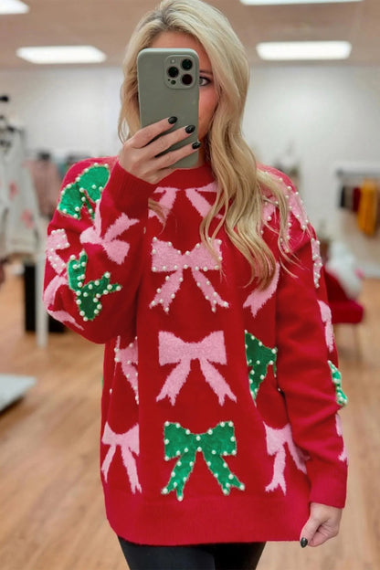 Fiery Red Bow Pearl Embellished Christmas Holiday Sweater - Snoopy's Closet