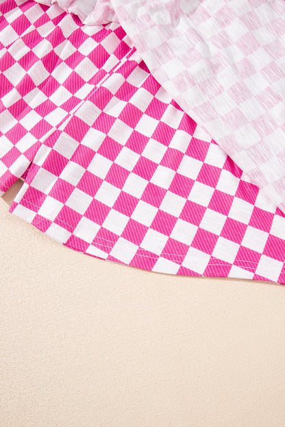 Pink Checkerboard T Shirt and High Waist Skorts 2 Piece Outfit