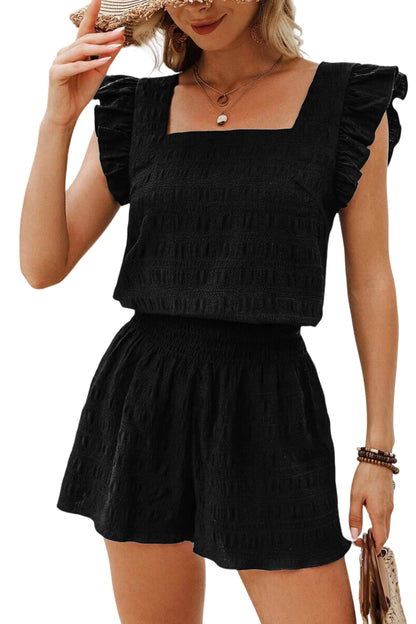 Black Textured Square Neck Top and Shirred High Waist Shorts Set - Snoopy's Closet