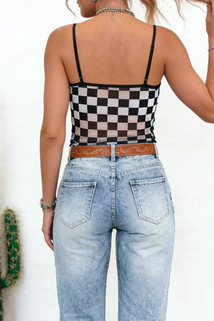 Camiseta sin mangas ajustada con tirantes finos y estampado a cuadros transparente en negro