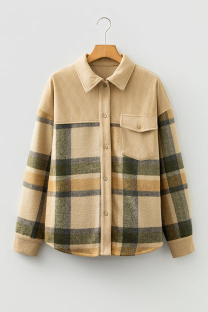 Sobrecamisa de pana con retales de cuadros retro y color pergamino