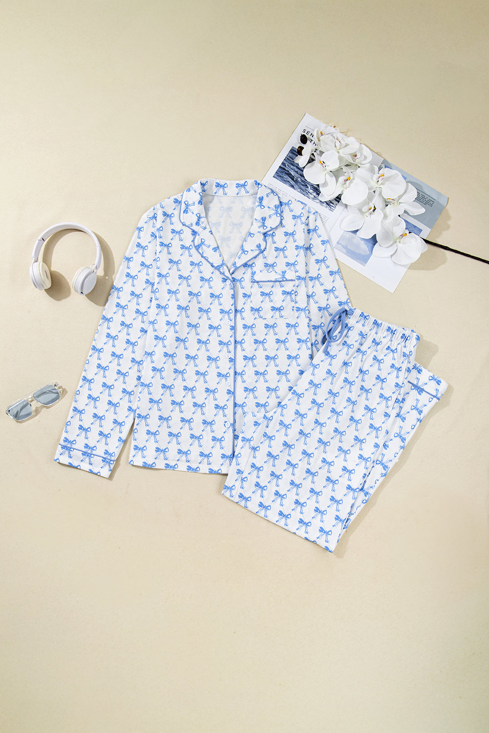 Sky Blue Bow Print Long Sleeve Shirt and Pants Soft Pajama Set - Snoopy's Closet