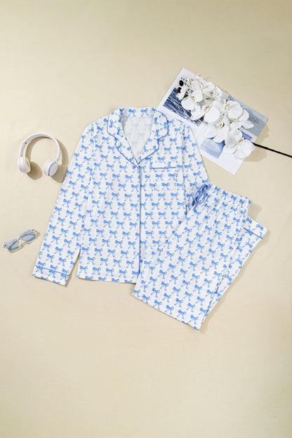 Sky Blue Bow Print Long Sleeve Shirt and Pants Soft Pajama Set - Snoopy's Closet
