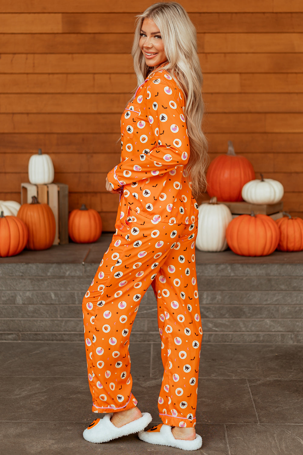 Orange Halloween Print Lapel Shirt Long 2pcs Pajama Set - Snoopy's Closet