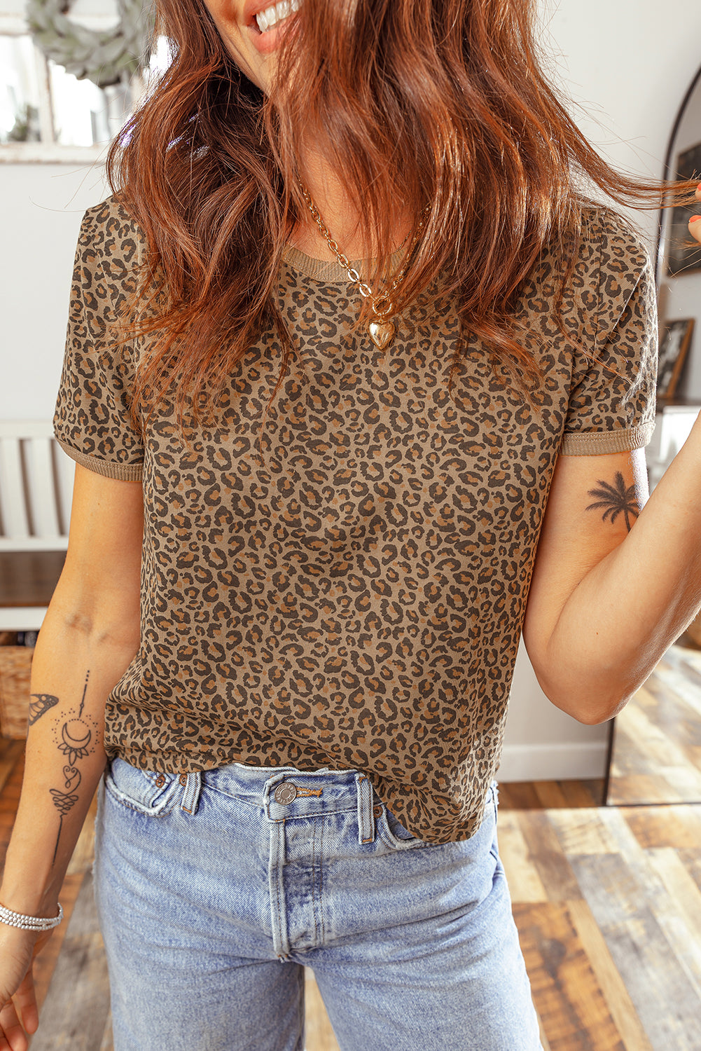 Khaki Fierce Leopard Crew Neck T Shirt - Snoopy's Closet